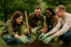 Quatre collègues souriants plantant un jeune arbre ensemble dans un parc verdoyant