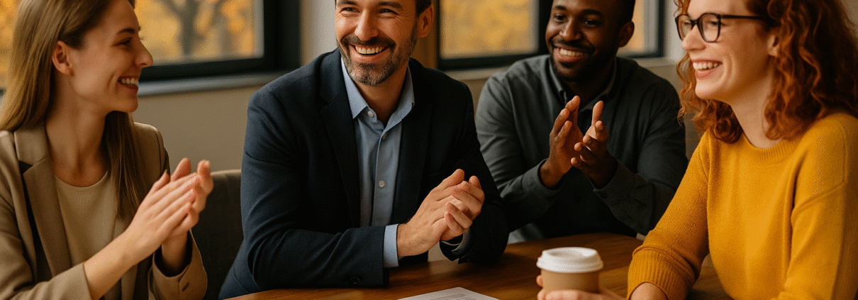 équipe en réunion dans une ambiance chaleureuse illustrant la gratitude et le feedback positif au travail