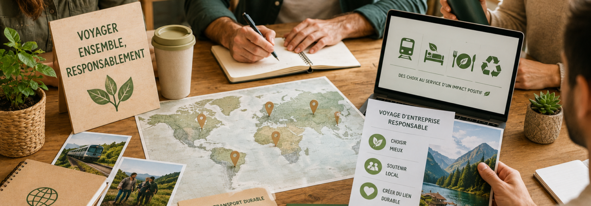 Équipe préparant un voyage d’entreprise responsable avec choix de destination, transport durable et activités locales