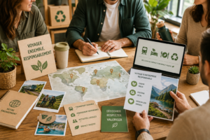 Équipe préparant un voyage d’entreprise responsable avec choix de destination, transport durable et activités locales
