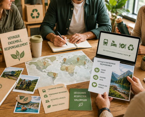 Équipe préparant un voyage d’entreprise responsable avec choix de destination, transport durable et activités locales