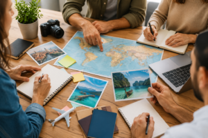 Équipe en voyage d’entreprise préparant un séjour professionnel avec transport, activités et organisation collective