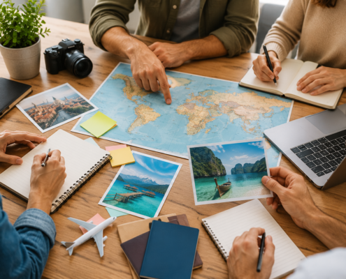 Équipe en voyage d’entreprise préparant un séjour professionnel avec transport, activités et organisation collective