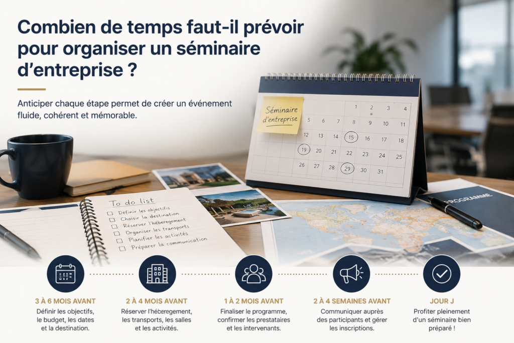 Organisation d’un séminaire d’entreprise avec calendrier, checklist et étapes de préparation