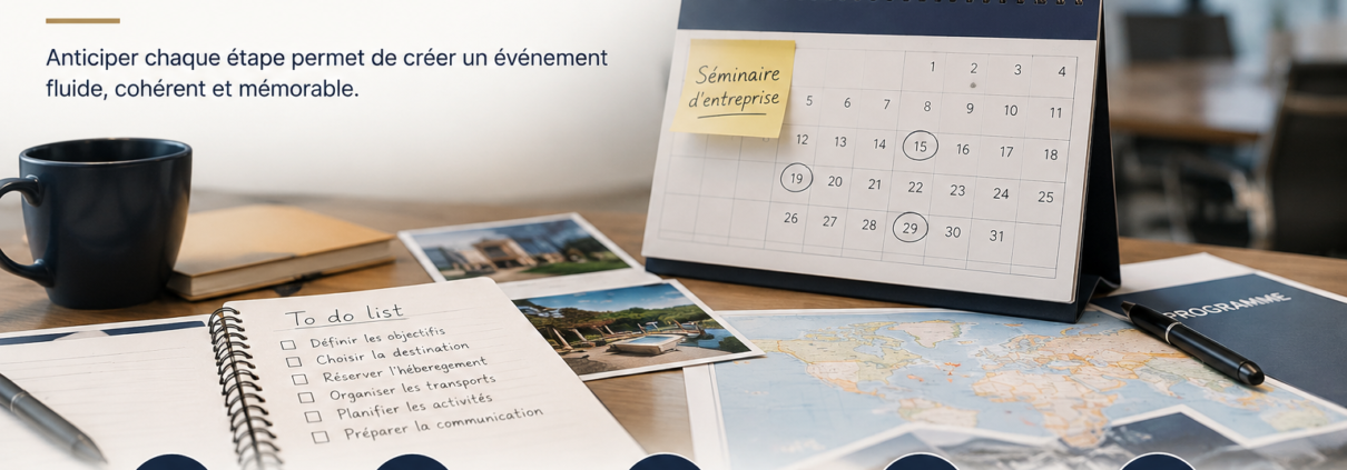 Organisation d’un séminaire d’entreprise avec calendrier, checklist et étapes de préparation