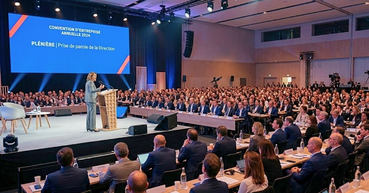 Convention d'entreprise en plénière, prise de parole de la direction lors d'un événement organisé par une agence événementielle