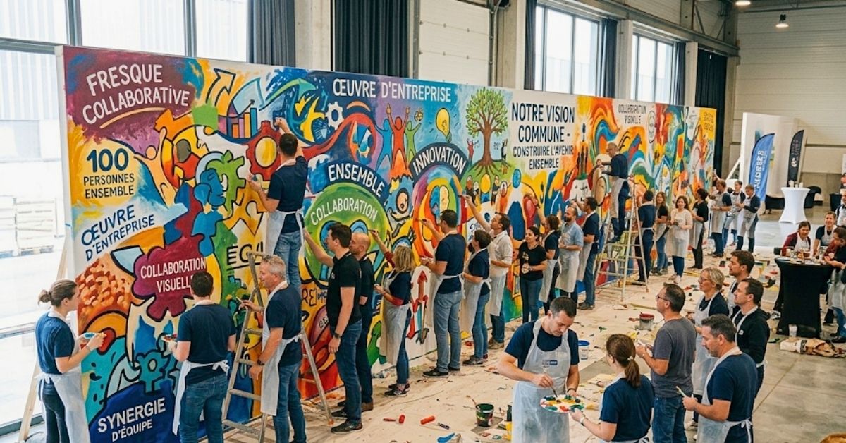 Fresque collaborative géante réalisée lors d'un team building de 100 personnes, œuvre collective d'entreprise