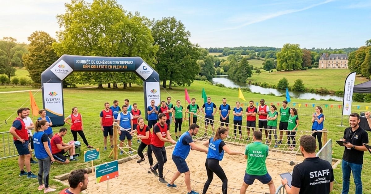 Activité de plein air lors d'une journée de cohésion entreprise, défi collectif organisé par une agence événementielle
