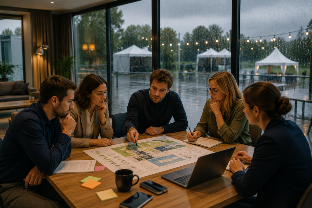 Équipe organisant un séminaire d’entreprise avec un plan B en raison de la pluie