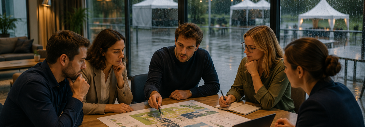 Équipe organisant un séminaire d’entreprise avec un plan B en raison de la pluie