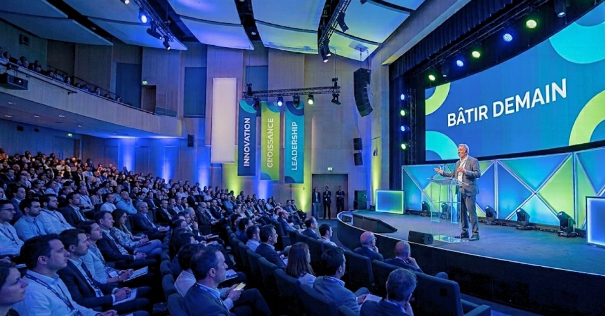 Scénographie et scène d'une convention d'entreprise aux couleurs de la marque, événement organisé par une agence événementielle