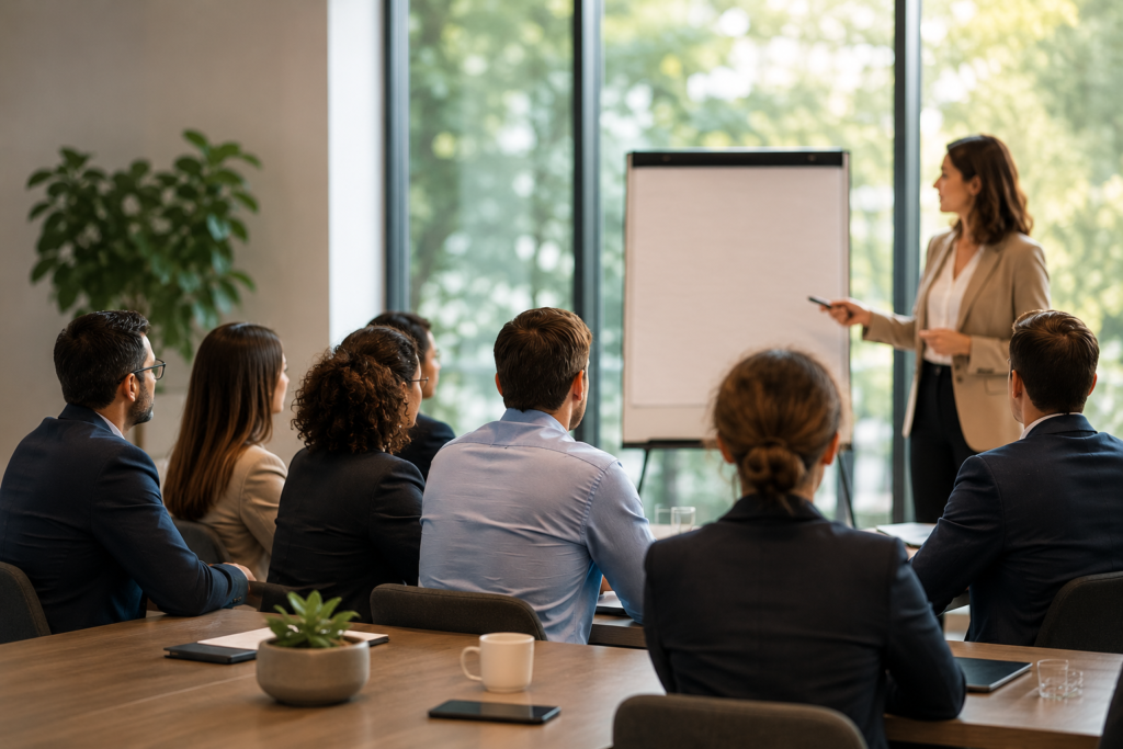 Séminaire d’entreprise avec présentation devant un groupe de collaborateurs