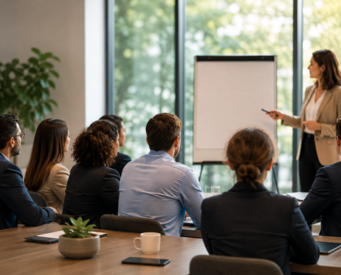 Séminaire d’entreprise avec présentation devant un groupe de collaborateurs