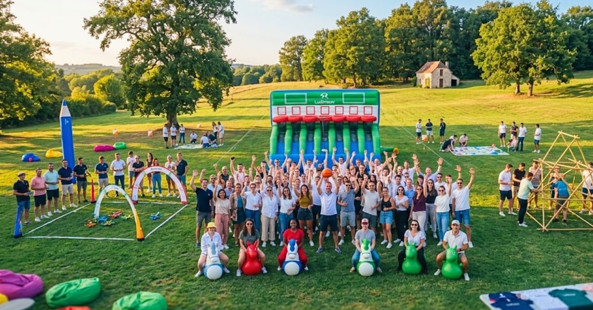 Olympiades d'entreprise pour un team building de 100 personnes, épreuves par équipes organisées par une agence événementielle