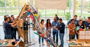Team building en extérieur lors d'une journée de cohésion avec une équipe d'entreprise organisée par Vogue Agence