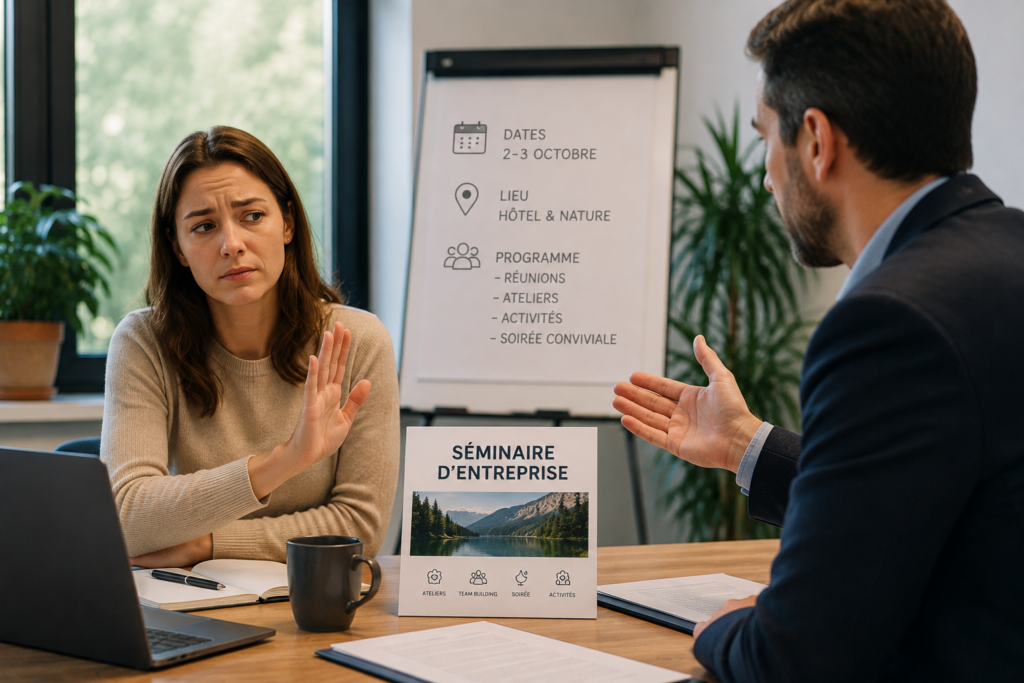 Salariée échangeant avec un responsable au sujet de sa participation à un séminaire d’entreprise