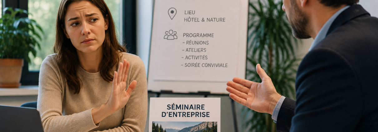 Salariée échangeant avec un responsable au sujet de sa participation à un séminaire d’entreprise