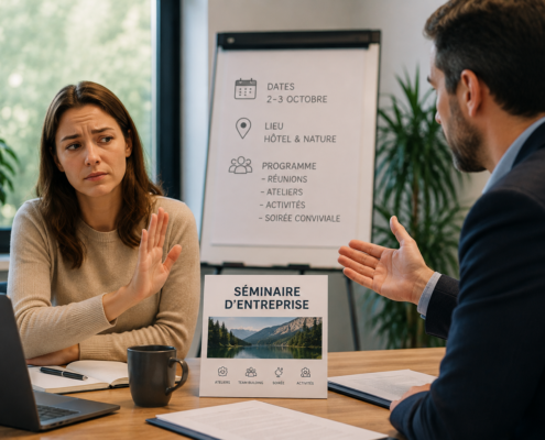 Salariée échangeant avec un responsable au sujet de sa participation à un séminaire d’entreprise